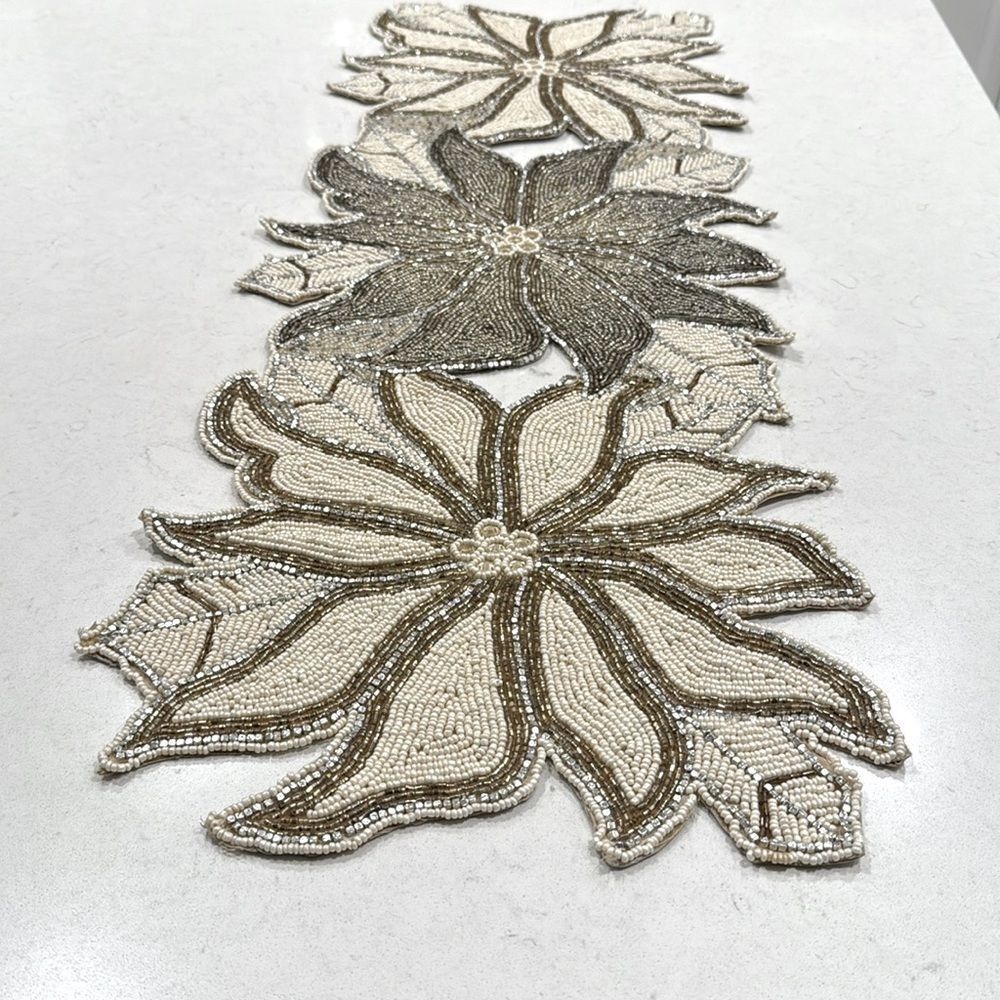 Nicole‎ Miller Home Silver Gold Beaded Poinsettia Table Runner Centerpiece 13x36